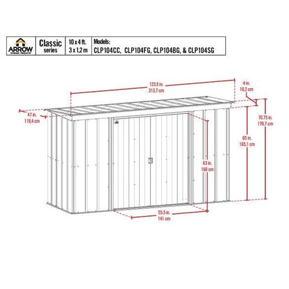 Arrow | Classic Steel Storage Shed, 10x4 ft., Charcoal CLP104CC